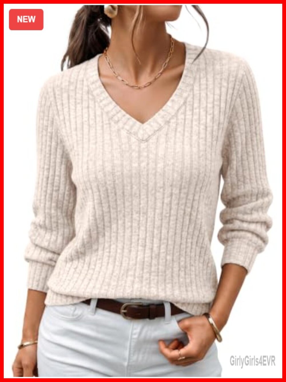V-Neck Long Sleeve Sweater Pullover Lightweight Fall Top